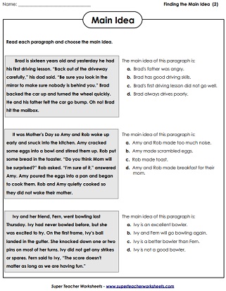Main Idea Worksheets