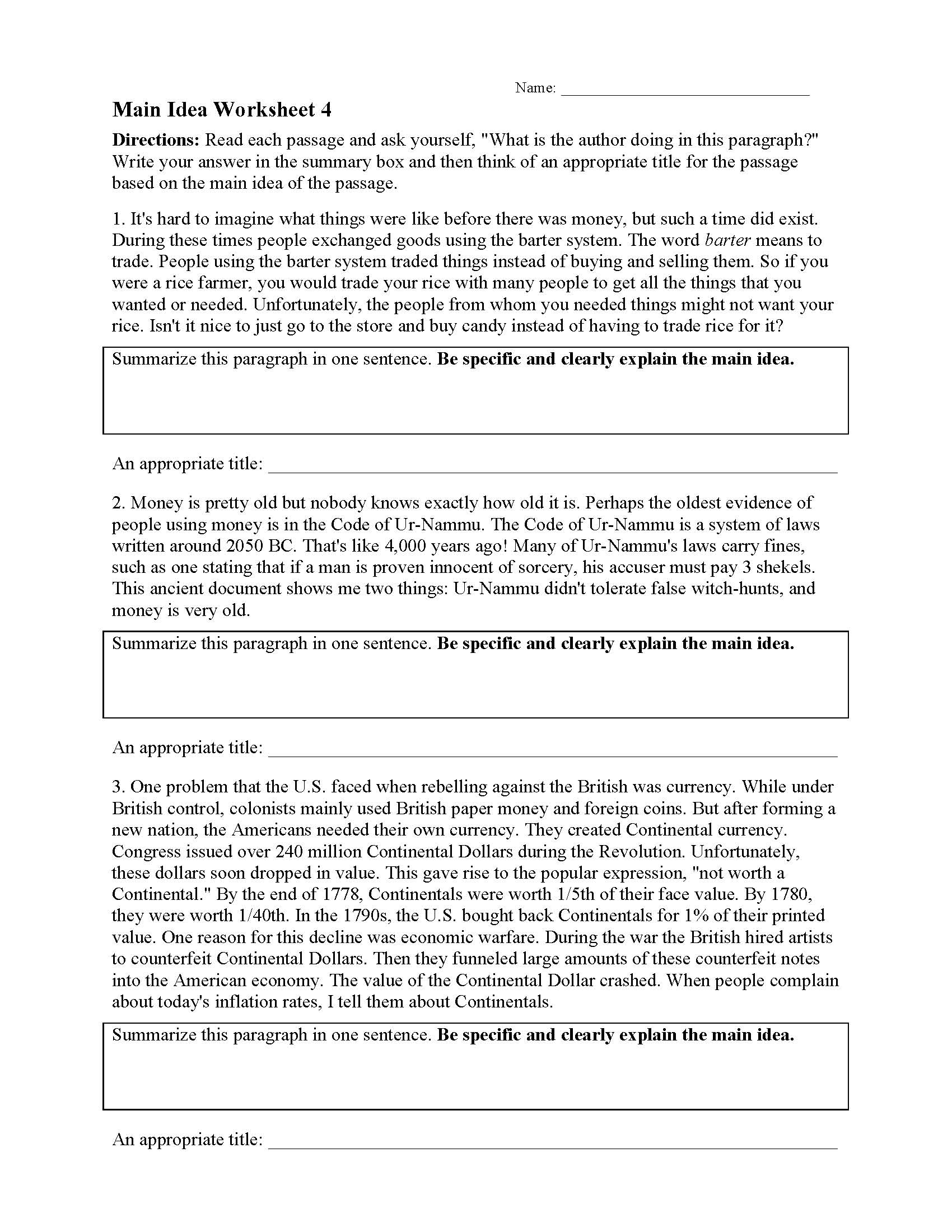 main idea worksheet for 5th grade