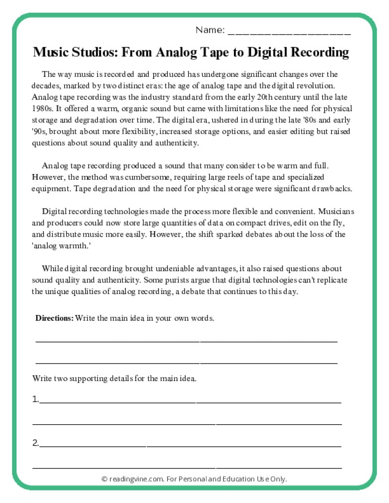 main idea worksheet for high school