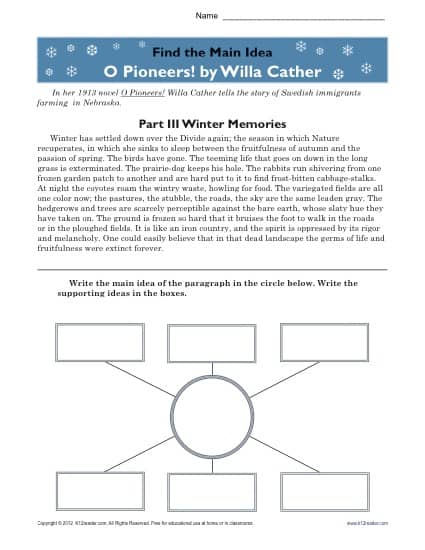 High School Main Idea Worksheet About O Pioneers!