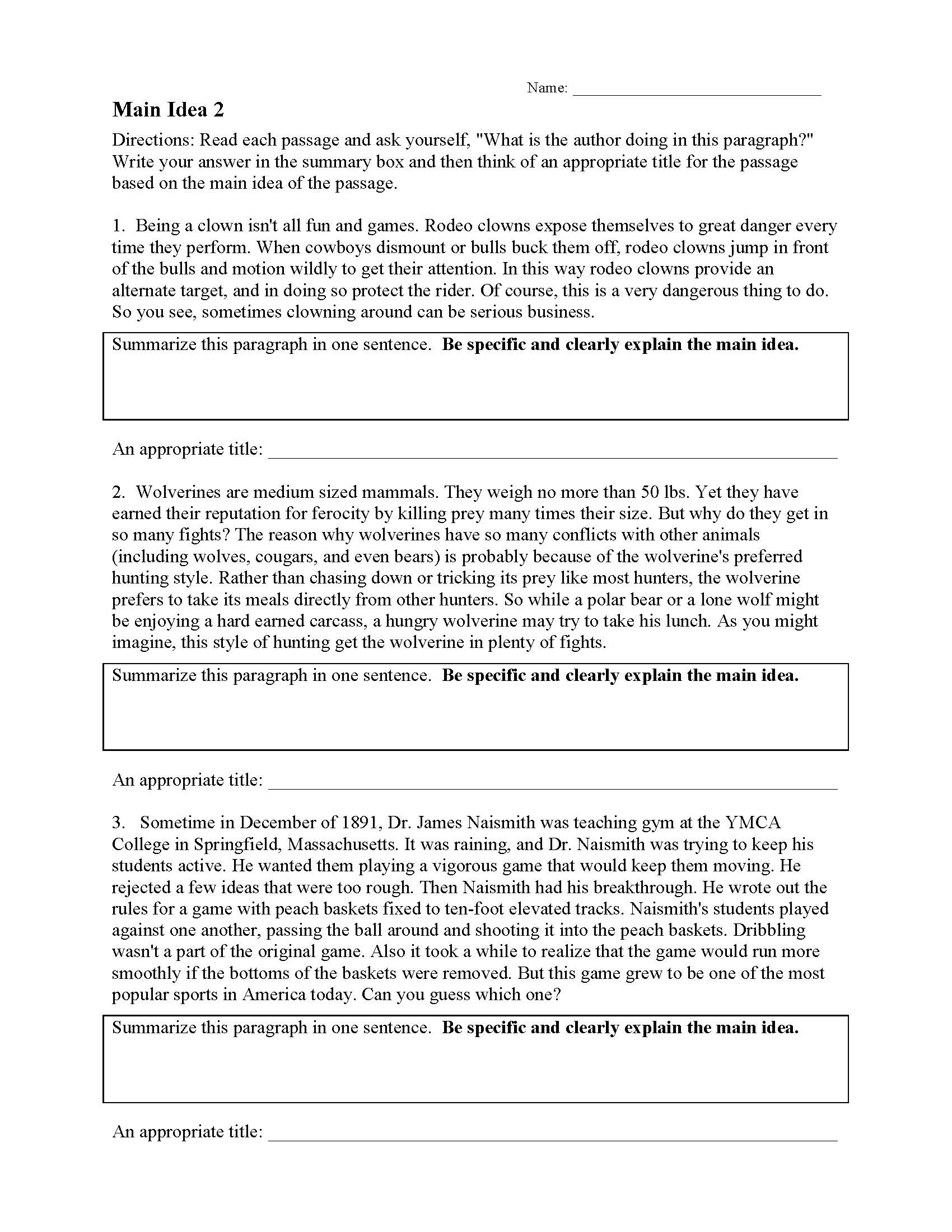 main idea worksheet for second grade