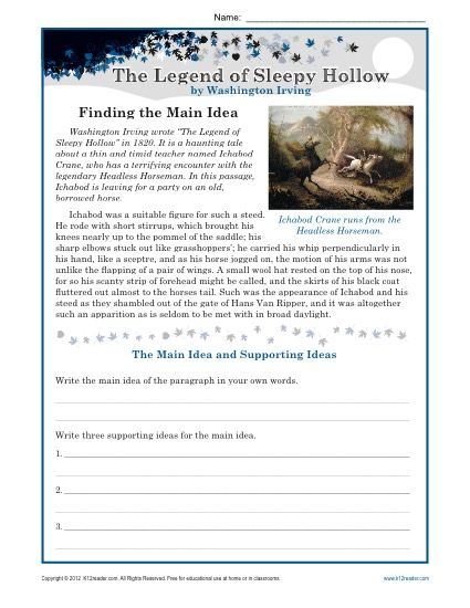 Middle School Main Idea Worksheet About The Legend of Sleepy ...