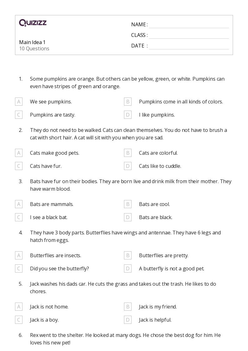 main idea worksheet second grade