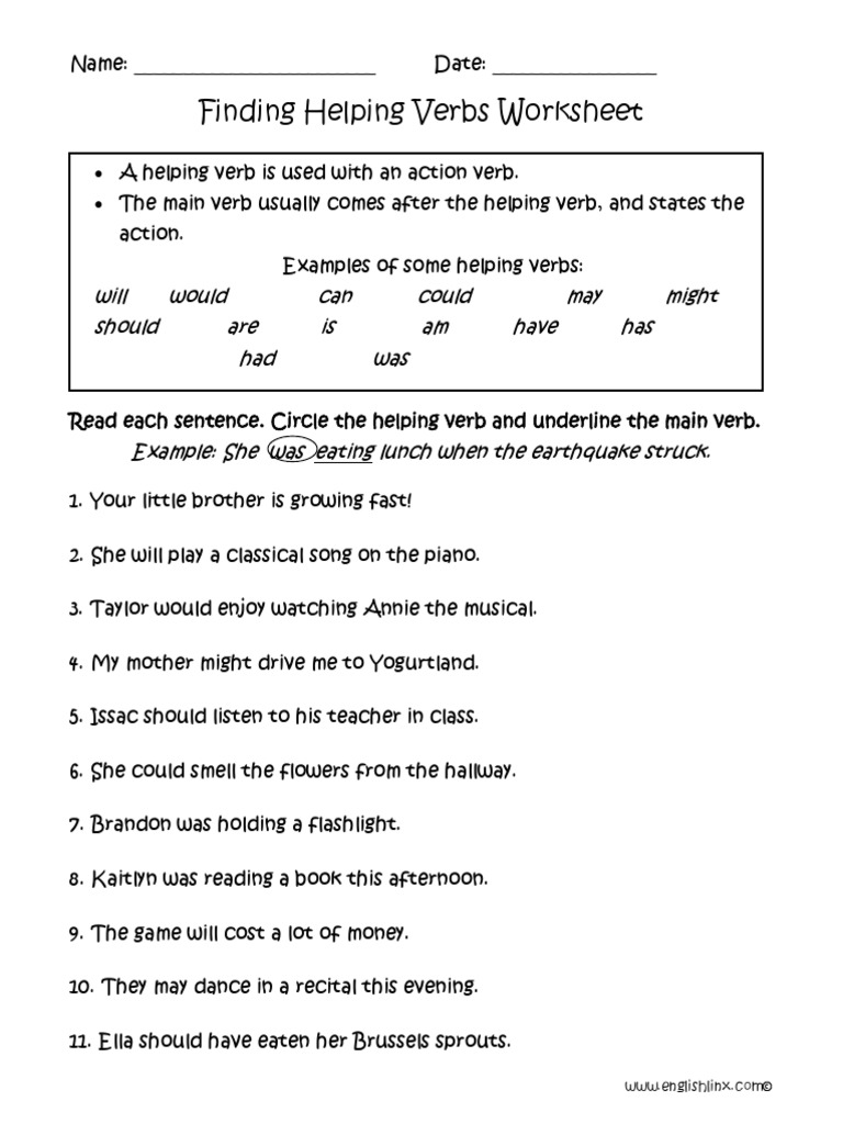 main verbs and helping verbs worksheet
