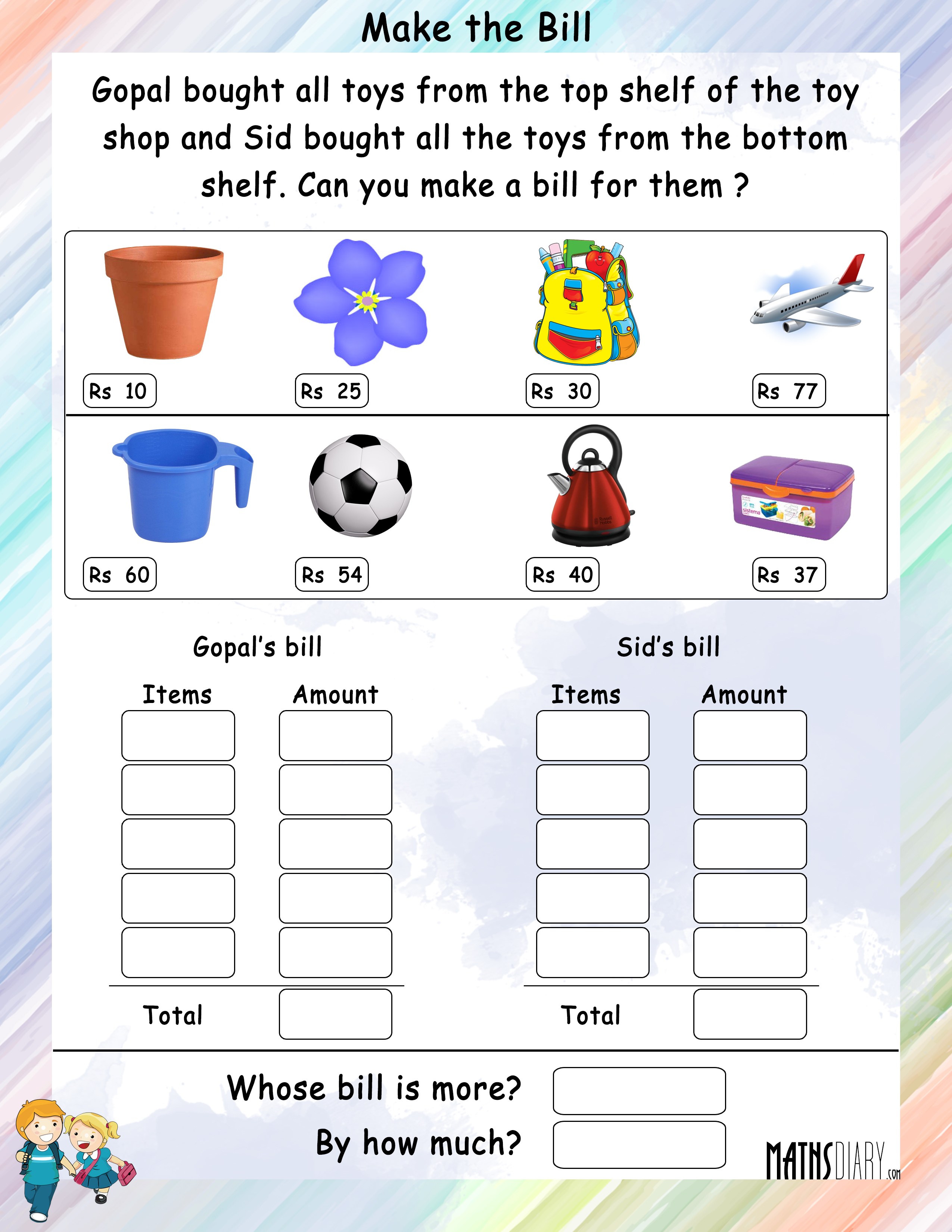 Make a bill - Math Worksheets - MathsDiary.com