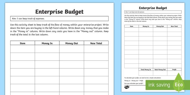 Enterprise Budget Worksheet / Worksheet (teacher made)