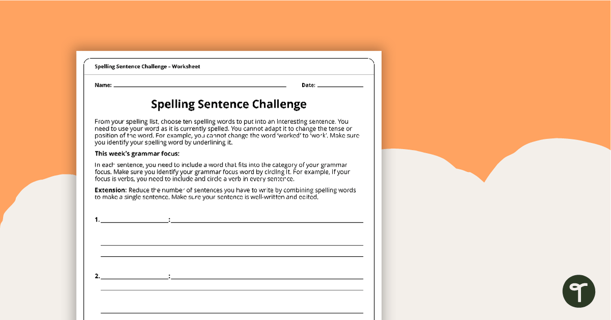 Spelling Sentence Challenge Worksheet | Teach Starter