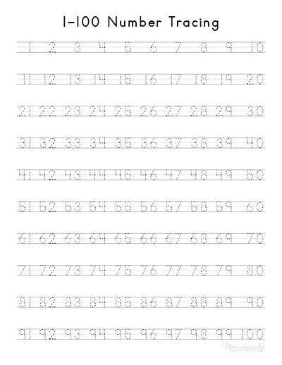 Free Printable Number Tracing Worksheets 1-100