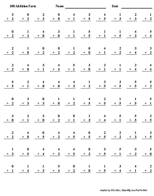 Free Printable Math Facts worksheets (add subtract multiply divide)