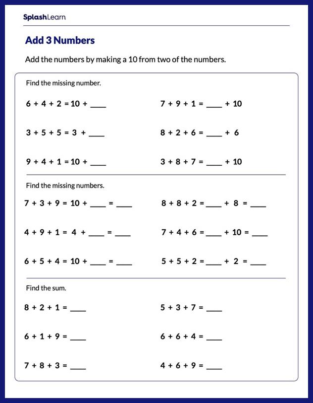 Making 10 Strategy to Add 3 Numbers - Math Worksheets - SplashLearn