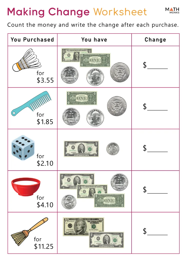 making change from a dollar worksheet