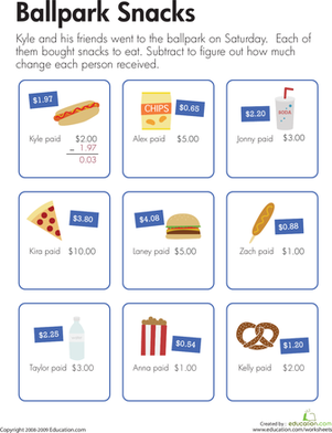 Making Change at the Ballpark | Worksheet 