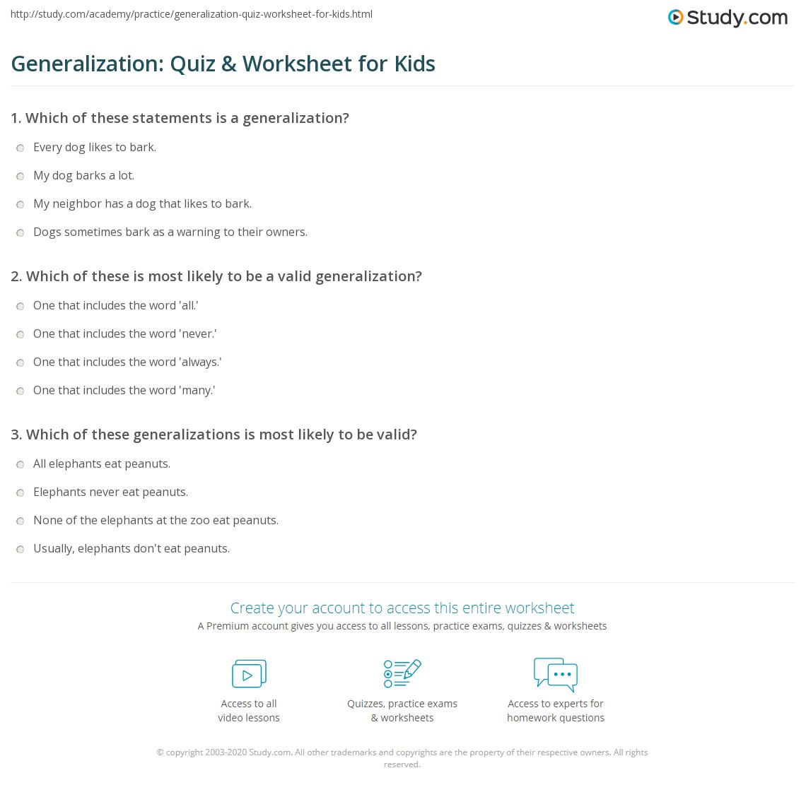 Generalization: Quiz &  Worksheet for Kids | Study.com