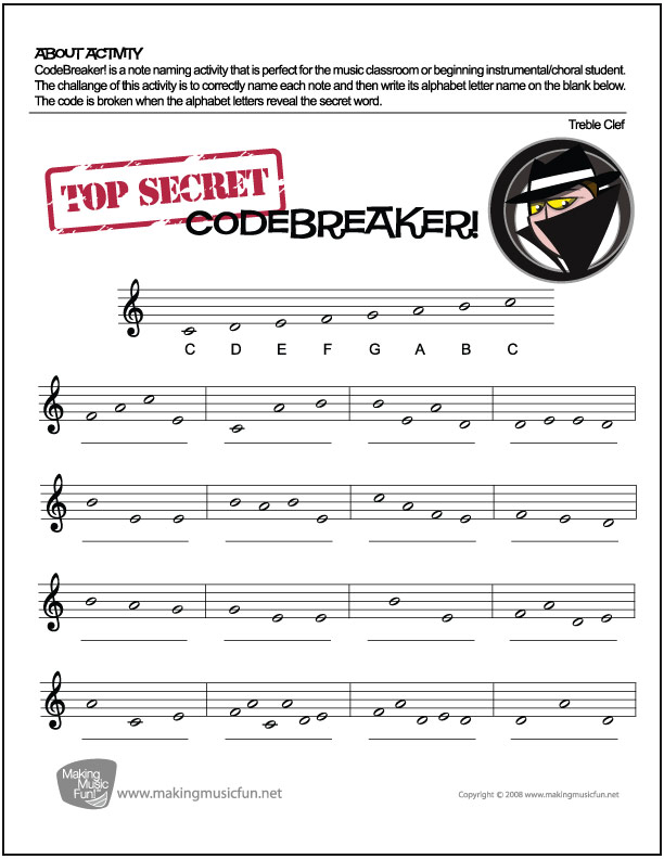 CodeBreaker! | Music Theory Worksheet - Treble Clef Note Names