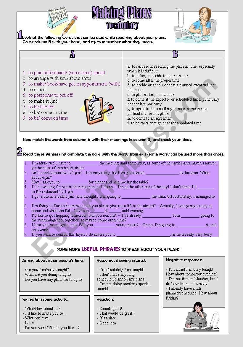 Making Plans (vocabulary) - ESL worksheet by 0Lynxy0