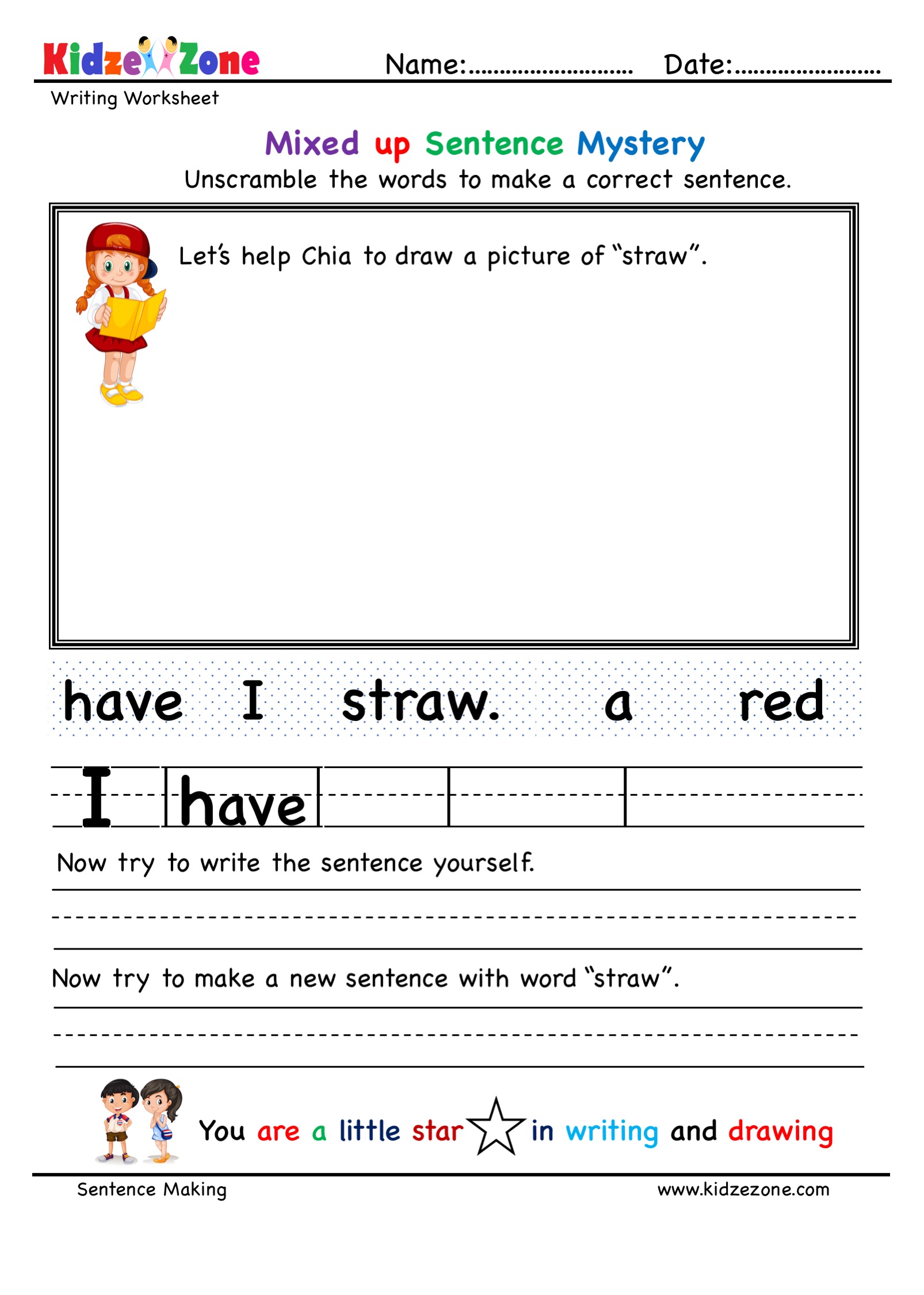 Kindergarten aw word family Unscramble words worksheet - KidzeZone