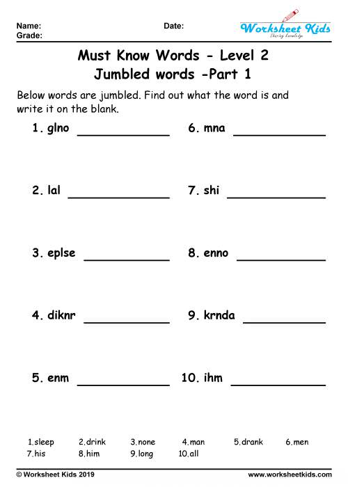 Unscramble jumbled words puzzle for Grade 2 Worksheets - Free ...