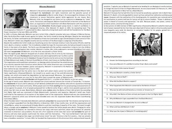 Malcolm X - His life and Work - Reading Comprehension and ...