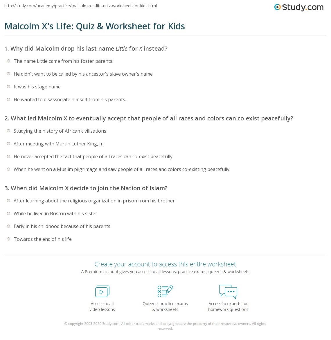 Malcolm Xs Life: Quiz &  Worksheet for Kids | Study.com