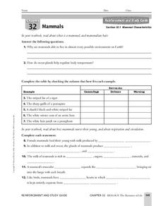 Mammal Characteristics Worksheet for 9th - Higher Ed | Lesson Planet