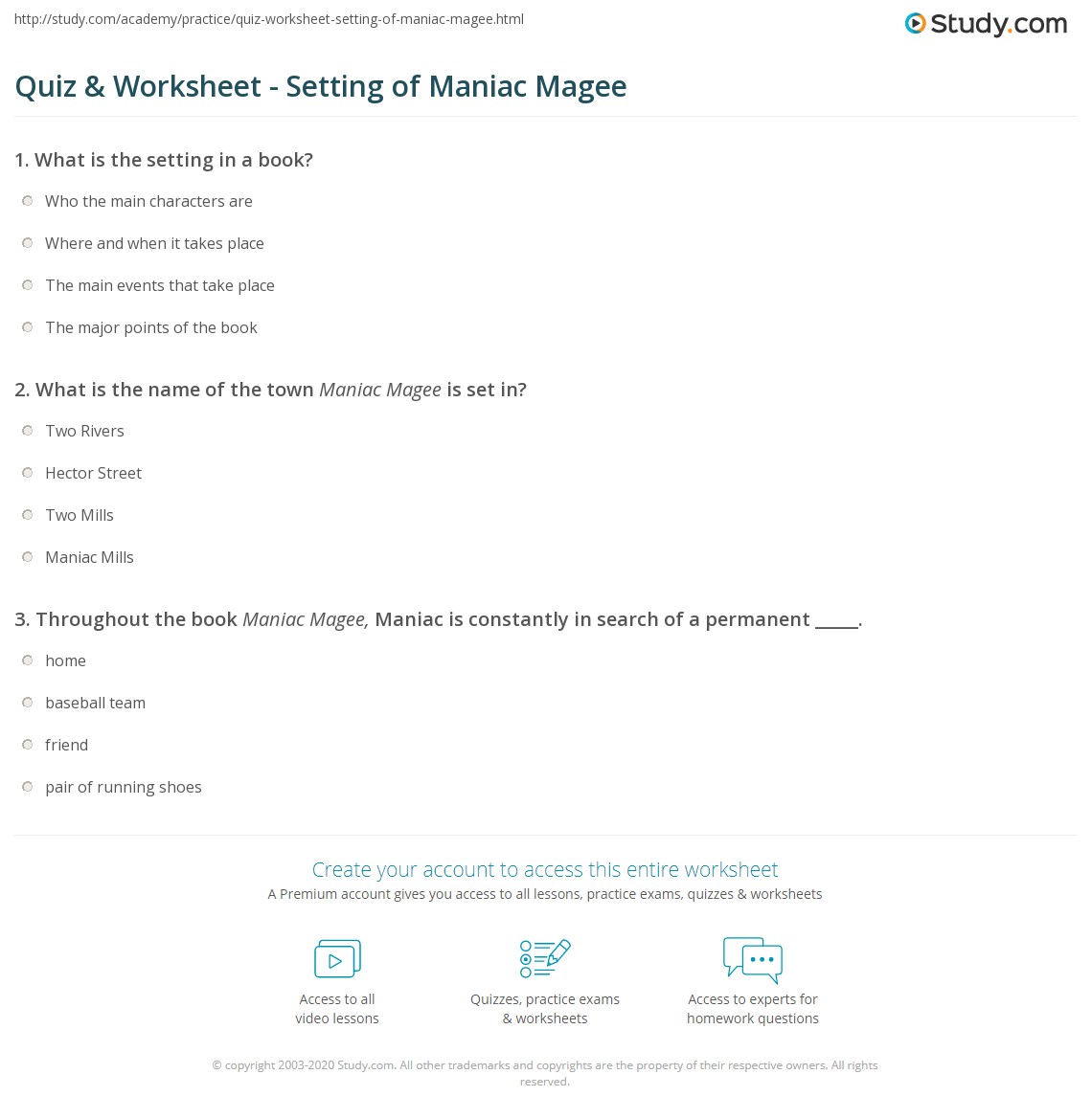Quiz &  Worksheet - Setting of Maniac Magee | Study.com