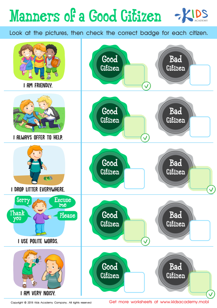 Manners of a Good Citizen Worksheet: Printable PDF for Kids ...