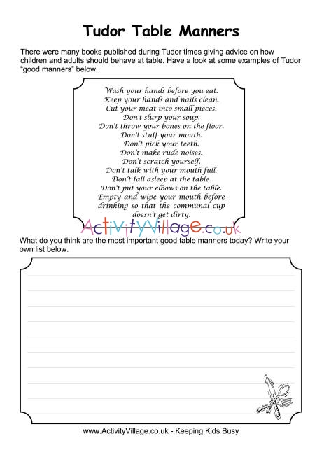 Tudor Table Manners Worksheet