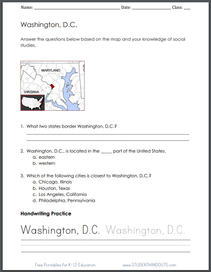 Map Worksheet for Washington, D.C. (Grades 1-3) | Student Handouts