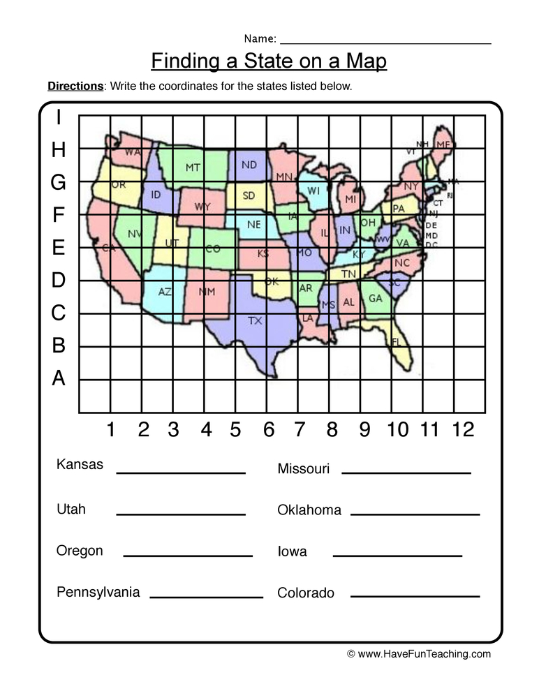 Finding a State on a Map Worksheet  
