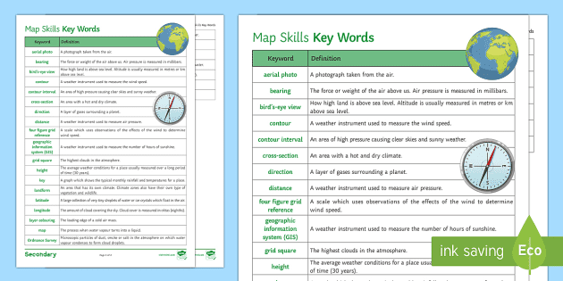 Map Skills Keywords Glossary Worksheet / Worksheet - Twinkl