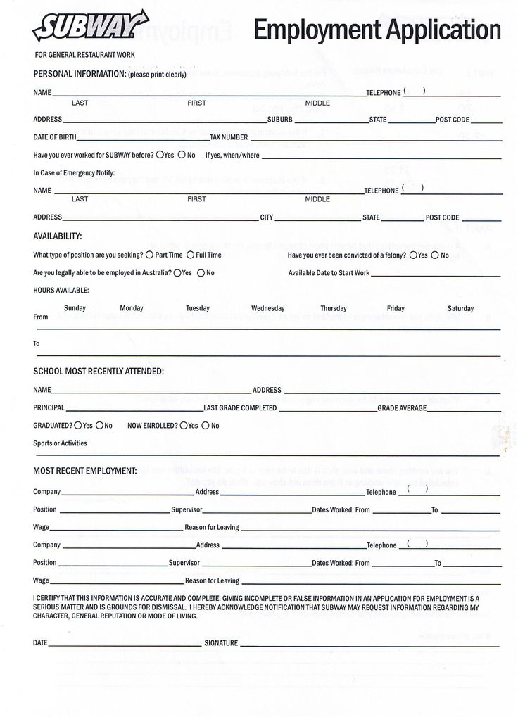 Printable Employment Application For Subway