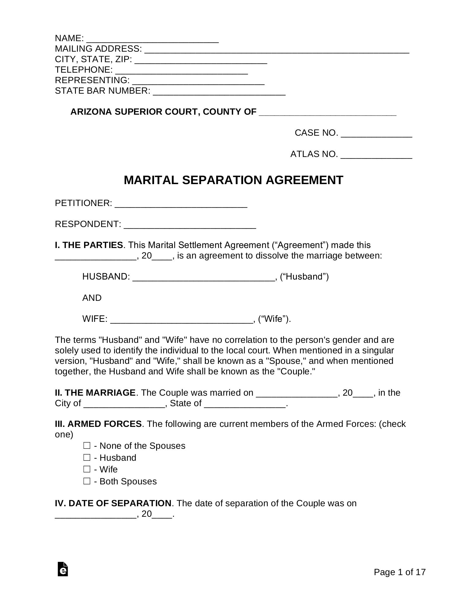Free Arizona Marital Settlement (Divorce) Agreement - PDF | Word ...