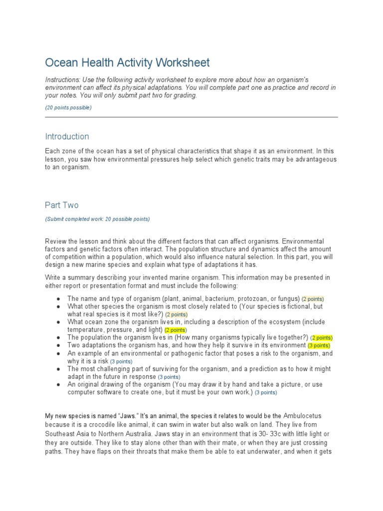 Ocean Health Activity Worksheet: (20 Points Possible) | Download ...