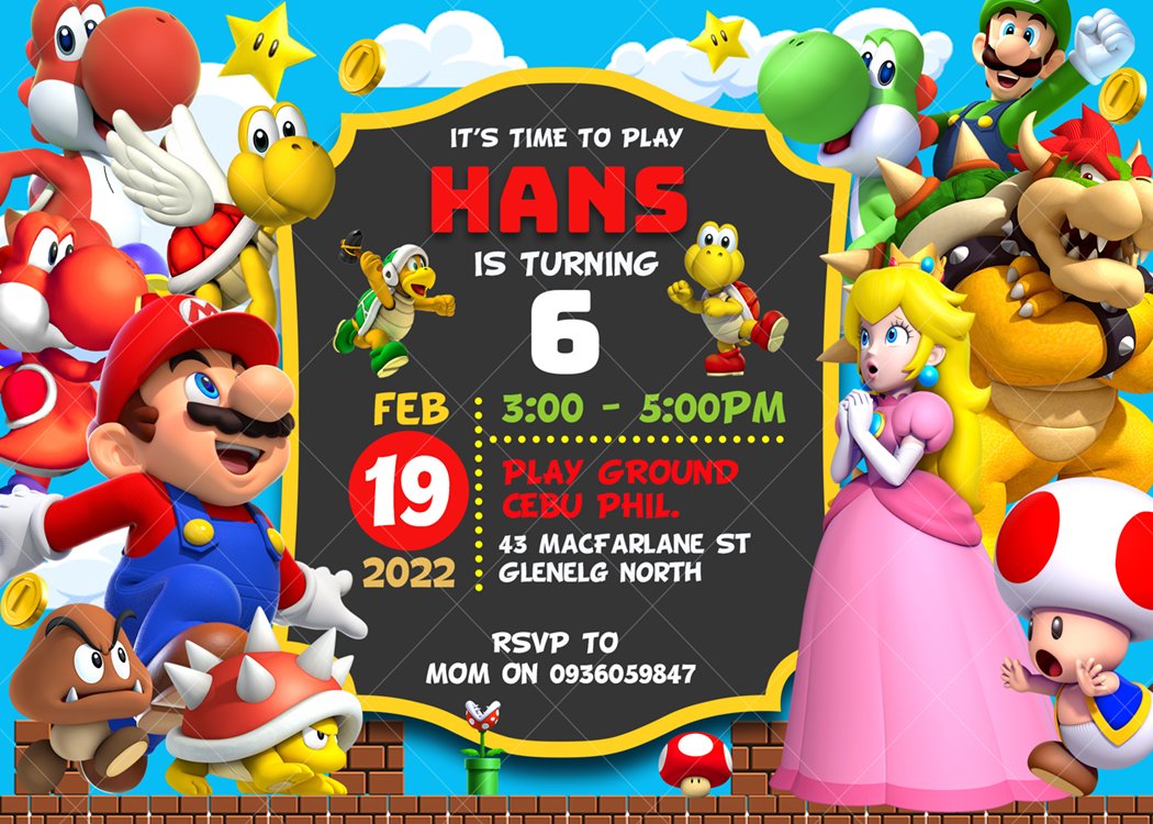 Super Mario Birthday Invitation Printable 4 x 6 or 5 x 7 plus FREE ...