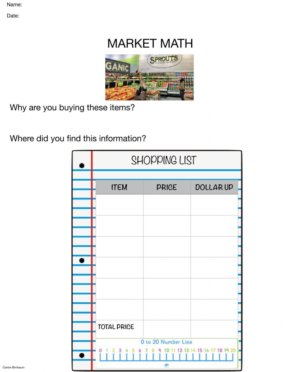 Market Math Shopping List template online exercise for Live
