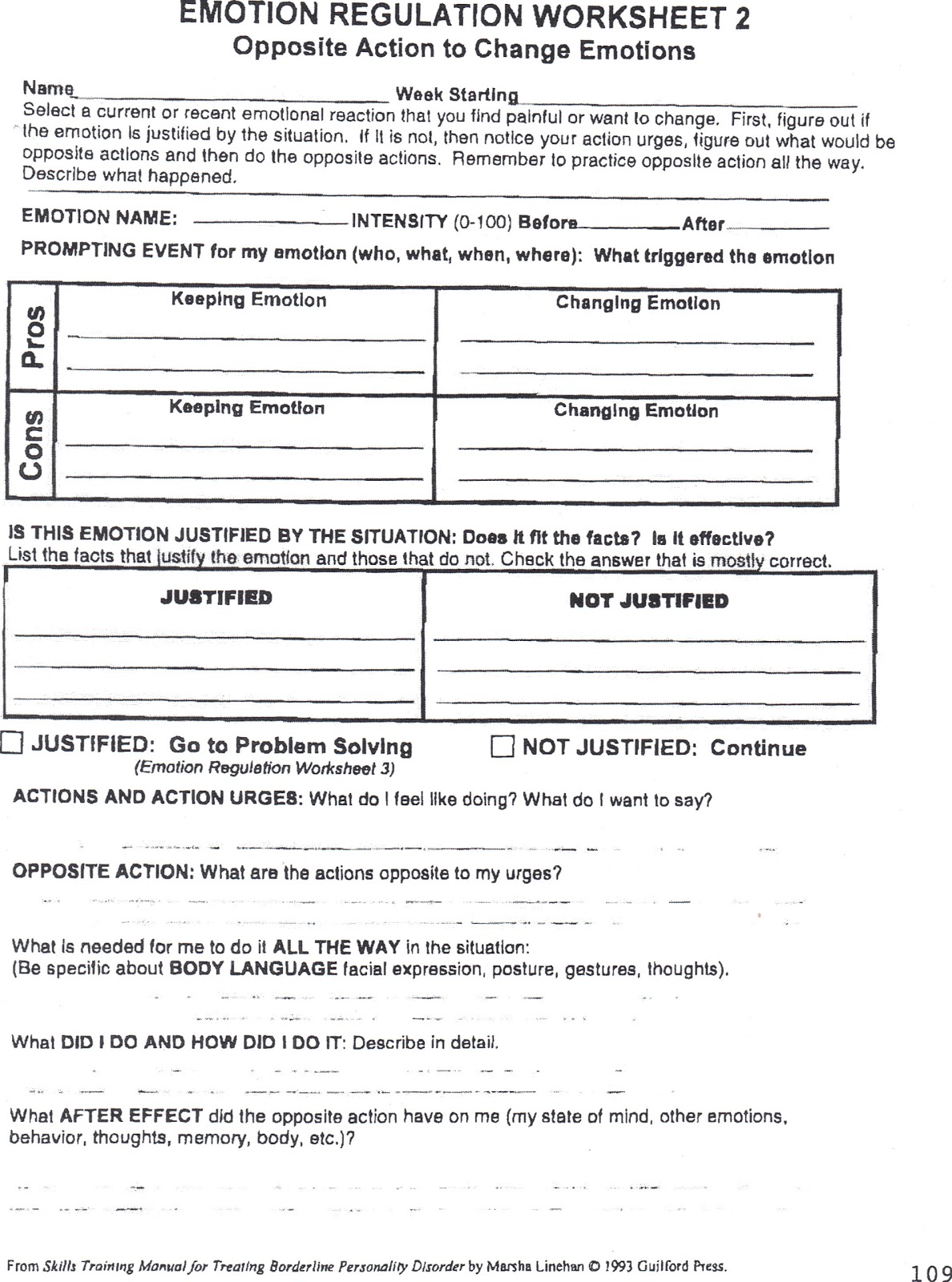 Emotion Regulation Worksheet 2 with Personal Example | Pros and ...