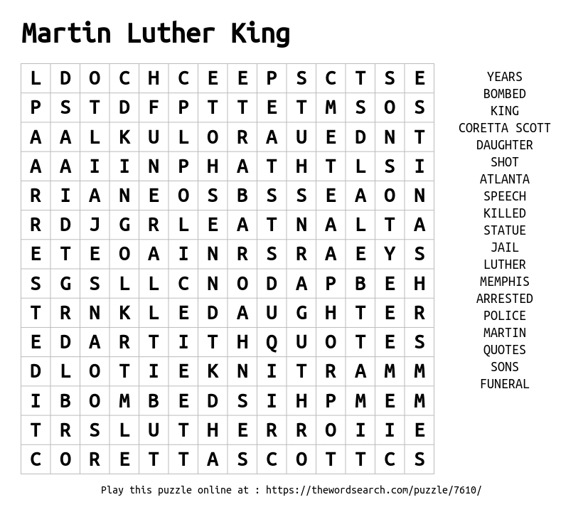 marther luther king jr word search worksheet
