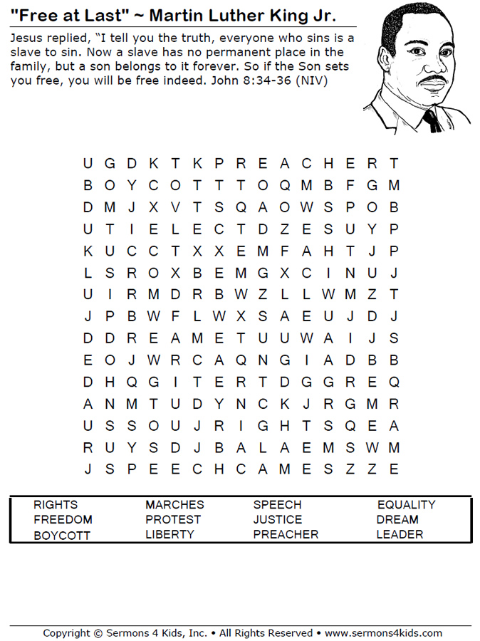 marther luther king jr word search worksheet