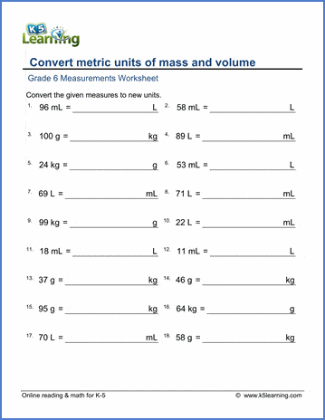 Grade 6 Measurement Worksheet: Metric volumes and weights | Worsheets library...