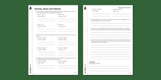 ? Density, Mass and Volume Worksheet (teacher made)