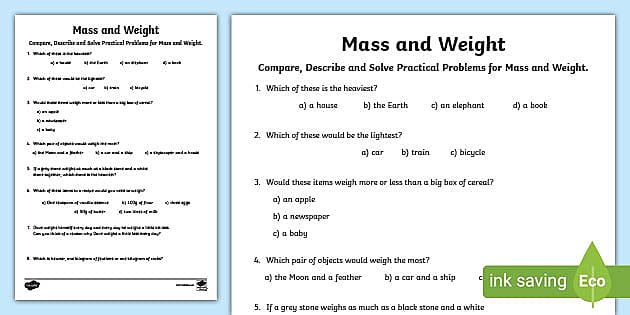 mass and weight worksheet answers