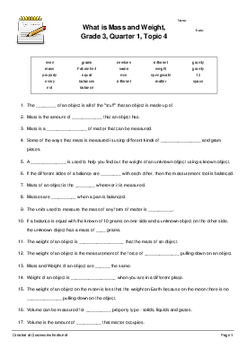 What is Mass and Weight, Grade 3, Quarter 1, Topic 4 - Fill-in-the ...