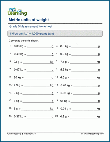 Grade 5 Math Worksheet: Convert metric weights (gm, kg) | Worsheets library