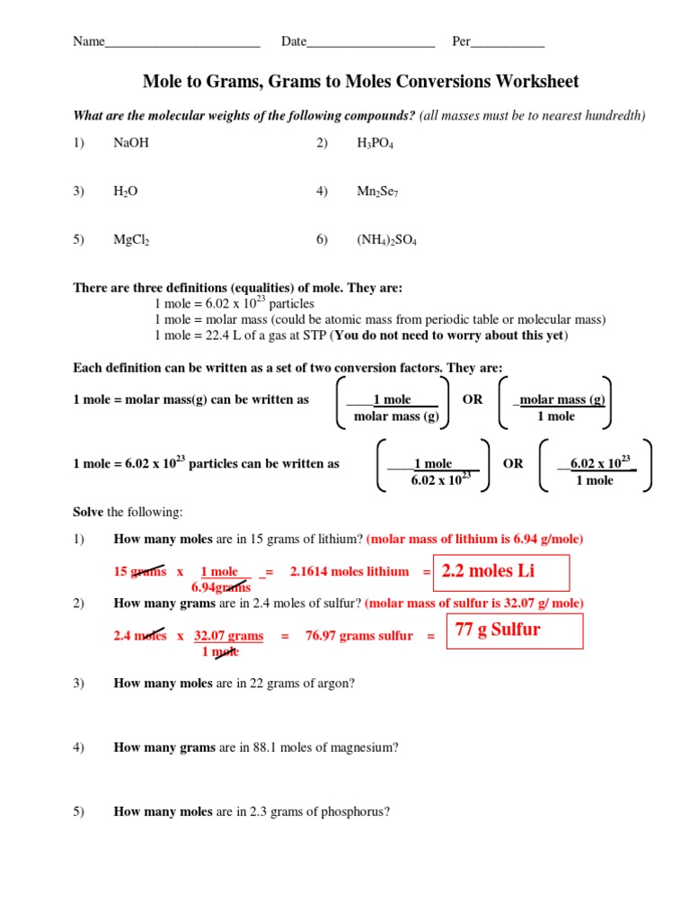 Mole To Grams, Grams To Moles Conversions Worksheet | PDF | Mole ...
