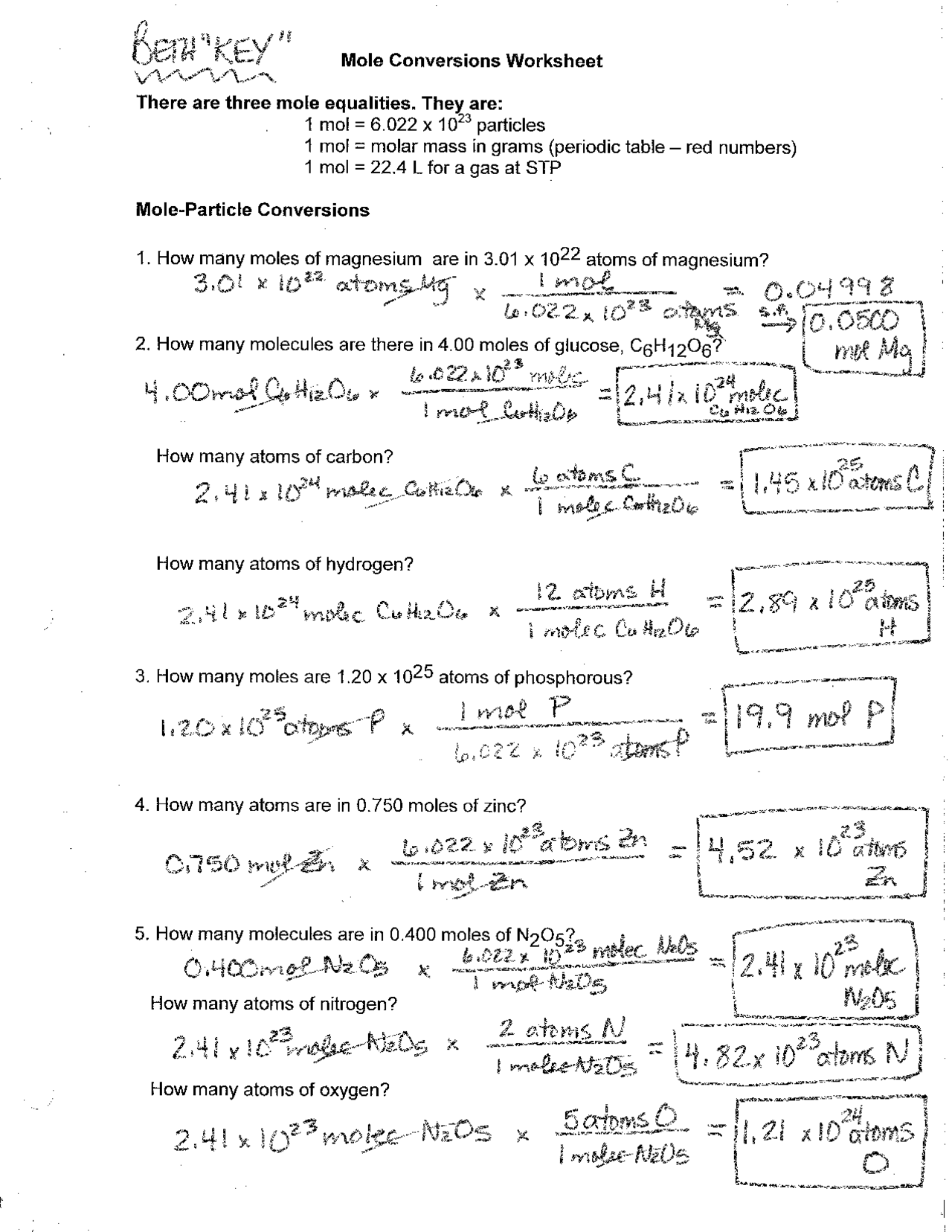 Chemistry Mole Conversions Worksheet Answer Key | Exercises ...