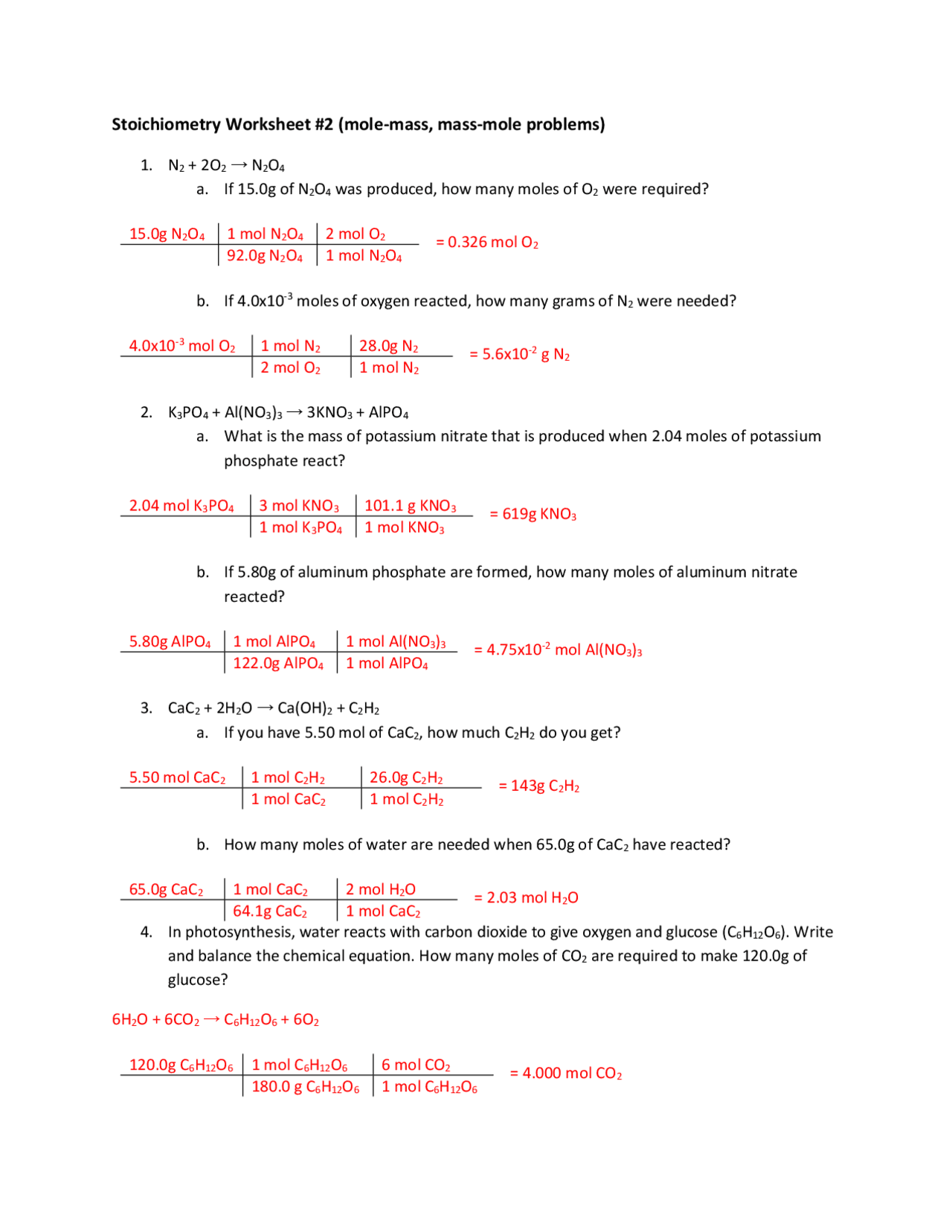 Stoichiometry Worksheet MmoleMass, MassMole Key Exercises