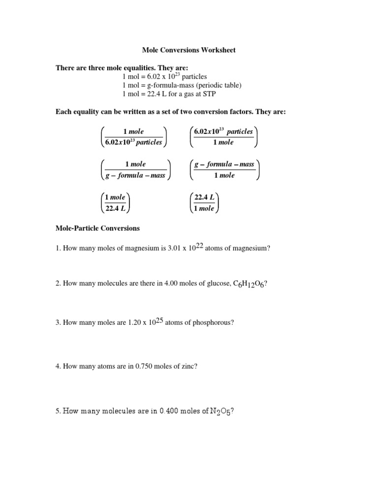 mass to moles worksheet