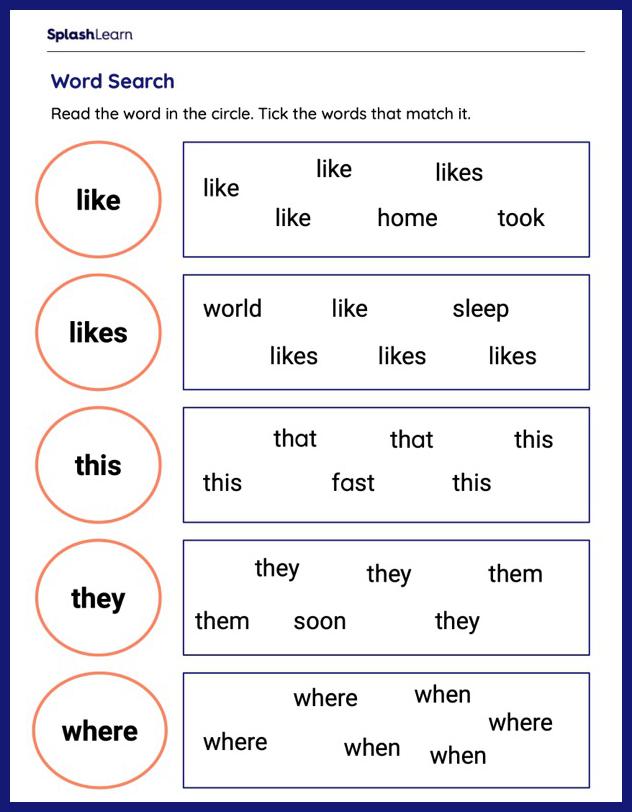 Circle the Matching Sight Word - Printable Reading Worksheet