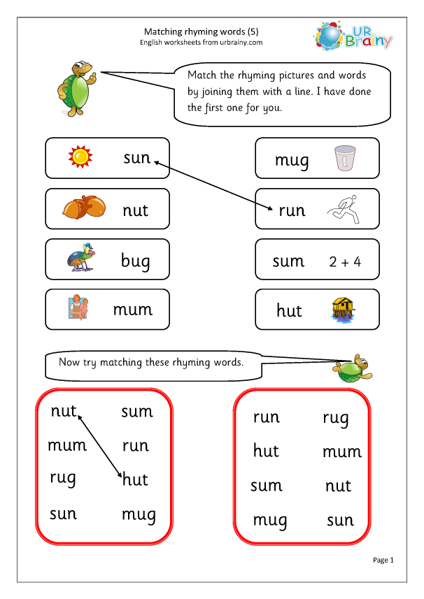 Matching Rhyming Words (u) - CVC and Rhyming Words by URBrainy.com