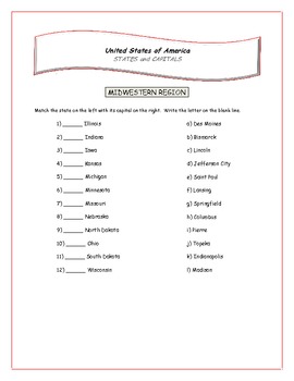 matching states and capitals worksheet